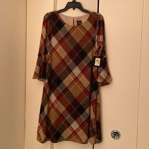 New JH Dress, Long Frill Sleeve, Red/Tan Plaid, Size M